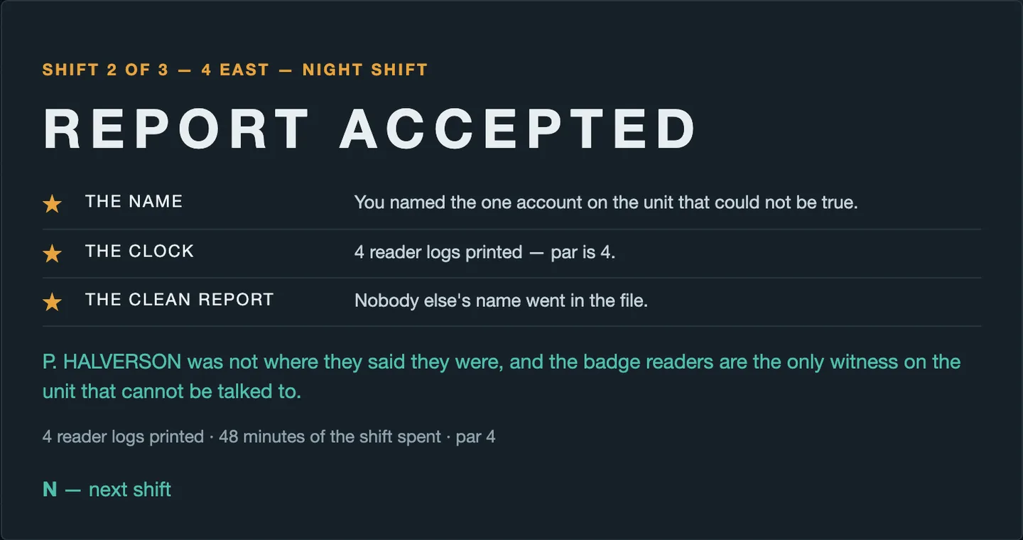 Report card reading REPORT ACCEPTED, three gold stars: The Name, The Clock (4 reader logs printed, par is 4), The Clean Report (nobody else's name went in the file).