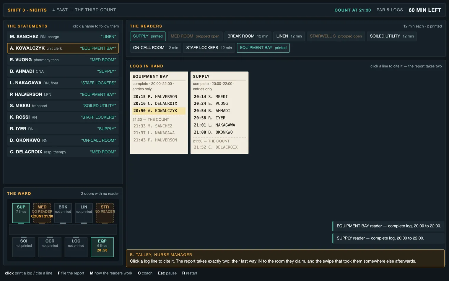 The CLOPEN desk: eleven statements on the left, each with the room that person claims; two printed reader logs on cream paper; one name highlighted in amber on the Equipment Bay log at 20:50.